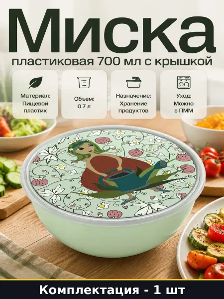Миска пластиковая 700 мл с крышкой для хранения готовой еды