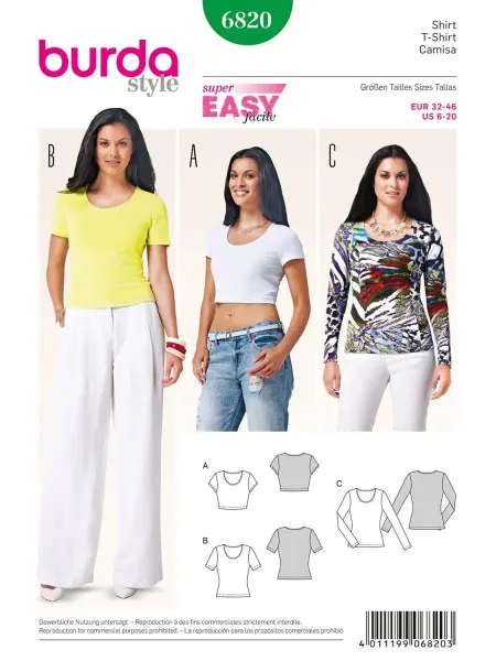 Burda Выкройка 6820 Футболка, Топ