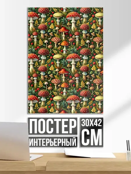 Постер на стену Дикие грибы лесные мухоморы