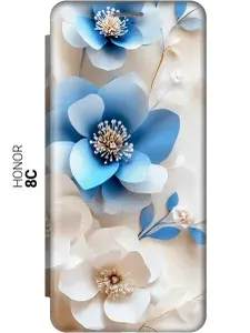 Чехол-книжка на Honor 8C с принтом "Белые и голубые цветы" золотой