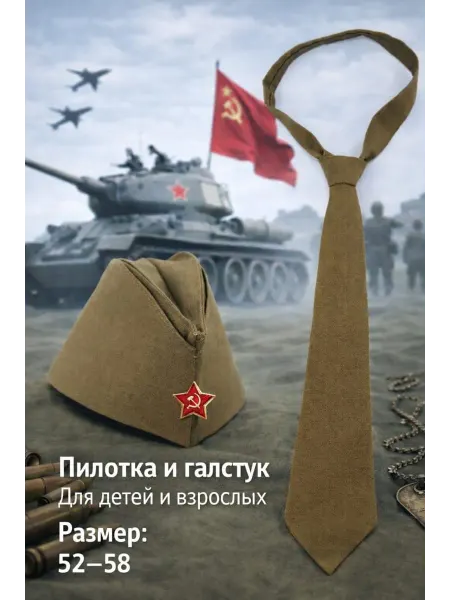 MIKAVU Пилотка военная детская и галстук, комплект на 9 Мая