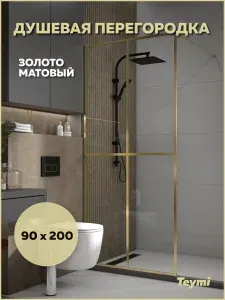 Душевая перегородка 90x200 стекло прозрачное закаленное профиль золото матовый Teymi Helmi T00304
