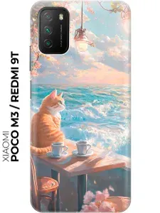 Силиконовый чехол на Xiaomi Redmi 9T / Poco M3 с принтом "Котик, кофе, море"