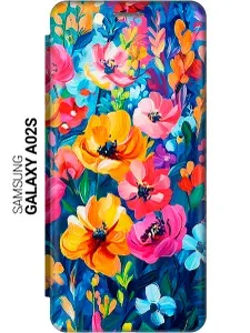 Чехол-книжка на Samsung Galaxy A02s с принтом "Цветочное ассорти" золотой