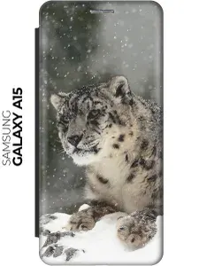 Чехол-книжка на Samsung Galaxy A15 / Самсунг А15 с рисунком "Барс и падающий снег" черный