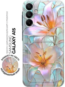 Силиконовый чехол на Samsung Galaxy A15 с принтом "Витраж с лилиями" с карманом для карты