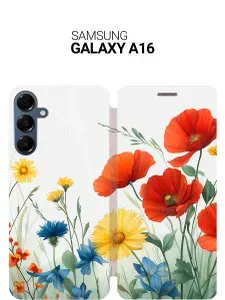 Чехол-книжка на Samsung Galaxy A16 с принтом "Летняя симфония полевых цветов" золотой