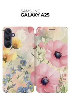 Чехол-книжка на Samsung Galaxy A25 с принтом "Акварельные маки" золотой