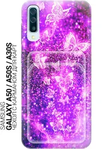 Силиконовый чехол на Samsung Galaxy A50 / A50s / A30s с принтом "Фиолетовые бабочки" с карманом для карты