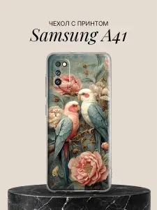Чехол на Samsung A41 с принтом Попугаи с пионами