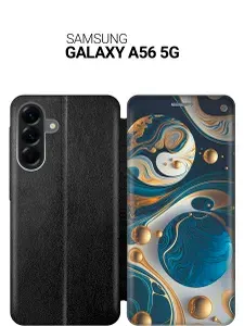 Чехол-книжка на Samsung Galaxy A56 с принтом "Сине-золотые фигуры" черный