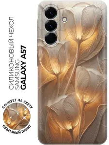 Силиконовый чехол на Samsung Galaxy A57 с принтом "Тюльпаны на бежевой стене"