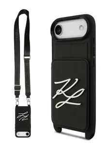 Чехол Karl Lagerfeld на iPhone Air, Crossbody cardslot, из экокожи, с карманом для карт, с ремешком на шею, с металлическим лого Autograph, черный