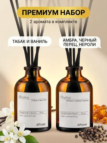 Набор ароматических диффузоров Tobacco&vanilla и Amber & Black Pepper / ароматизатор для дома с палочками 2 шт