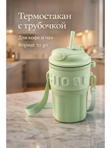 Apu3 Термостакан с трубочкой и ремешком для кофе 450 мл