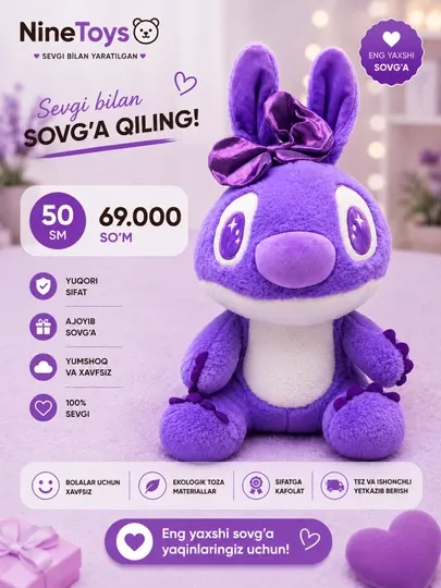 Мягкая игрушка фиолетовый зайчик, подарок для девочки, плюшевый зайка детям