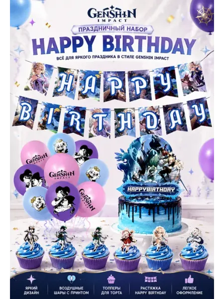 Набор шаров Геншин+растяжка happy birthday и топперы