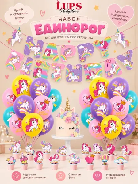 Набор шаров Единорог+растяжка happy birthday и топперы