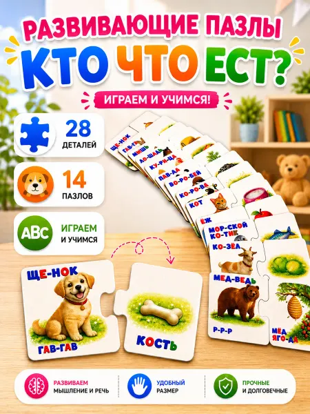 ТАЛАНТУРА Пазлы деревянные развивающие для детей Кто Что Ест