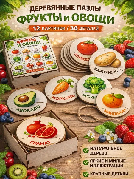 Пазл деревянный развивающий для детей "Фрукты и Овощи" 6 шт