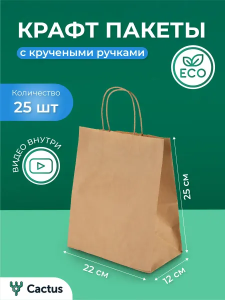 Cactus* Крафт пакеты бумажные подарочные с ручками 25шт
