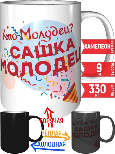 Grand cadeaux Кружка Кто молодец? Сашка молодец! - хамелеон