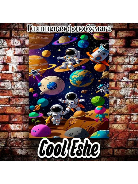 Cool Eshe Постер "Космонавты в разноцветном космосе среди планет" А4