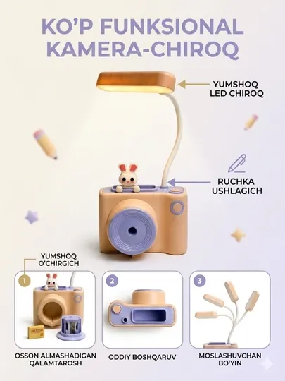 Многофункциональная настольная лампа – дизайн камеры, копилка + точилка