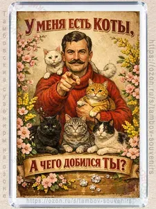 Магнит на холодильник "У меня есть коты, а чего добился ты"