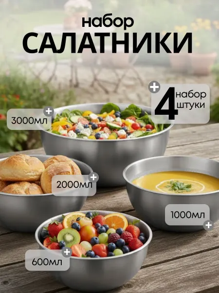 ТВОЙ.ДОМ Набор салатников для кухни. Миски металлические 4 штуки