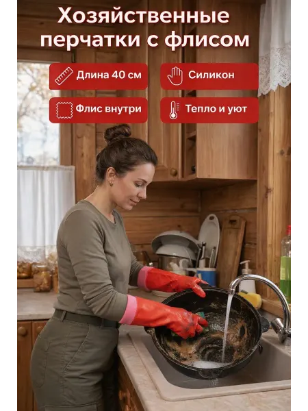 В дом и точка Резиновые перчатки хозяйственные с флисом