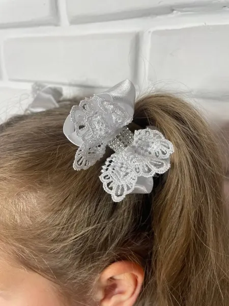 Fashion Jewerly Белый бант с кружевом и стразами