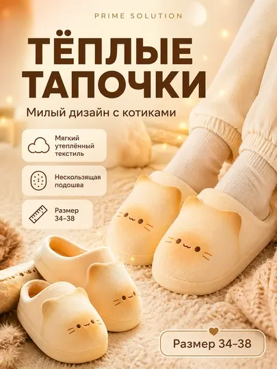 Домашние теплые мягкие тапочки с котиками, комнатная женская и детская зимняя обувь