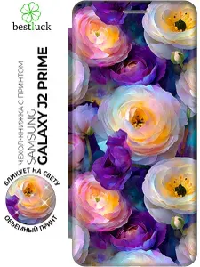 Чехол-книжка на Samsung Galaxy J2 Prime с принтом "Кружева из ранункулюсов" золотой