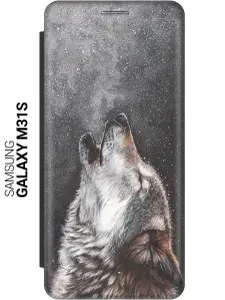 Чехол-книжка на Samsung Galaxy M31S / Самсунг М31с c принтом "Морозный волк" черный