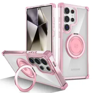 Magsafe Магнитный прозрачный чехол для Samsung Galaxy S25 Ultra Wireless Чехол-подставка с кольцом для зарядки, розовый