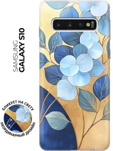 Силиконовый чехол на Samsung Galaxy S10 с принтом "Синие листья на золотом"