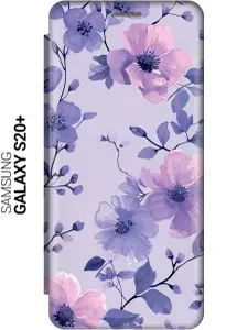 Чехол-книжка на Samsung Galaxy S20+ с принтом "Цветочки на сиреневом" золотой