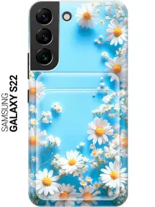 Силиконовый чехол на Samsung Galaxy S22 с принтом "Ромашки на голубом" с карманом для карты