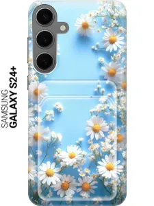 Силиконовый чехол на Samsung Galaxy S24+ с принтом "Ромашки на голубом" с карманом для карты