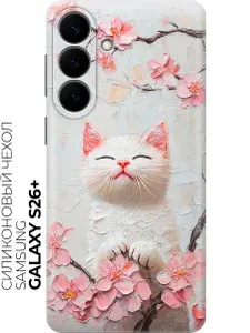 Силиконовый чехол на Samsung Galaxy S26+ с принтом "Котик и сакура"