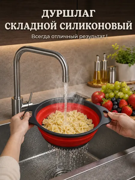 Дуршлаг складной, силиконовый для промывки круп, макарон, риса, овощей, фруктов, ягод, зелени, синий