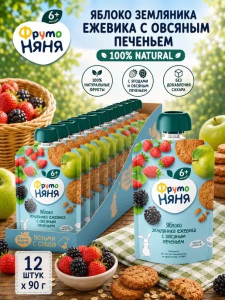 ФрутоНяня Пюре фруктовое из яблок, ежевики, земляники и овсяного печен…