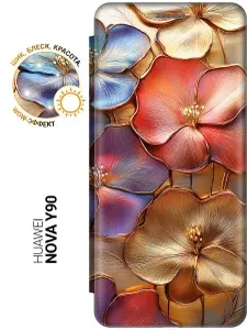 Чехол-книжка на Huawei nova Y90 с принтом "Позолоченные цветы" золотой