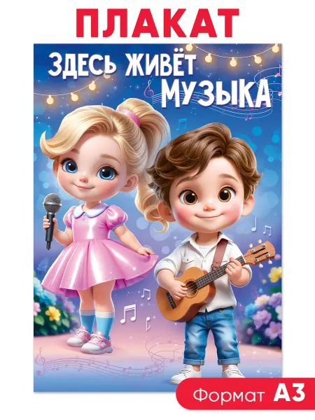 ТМ открытая планета Плакат оформление для детского сада Здесь живет музыка!