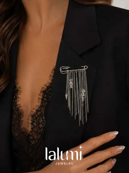 LALUMI jewelry Брошь булавка длинная с многослойными цепями и кристаллами