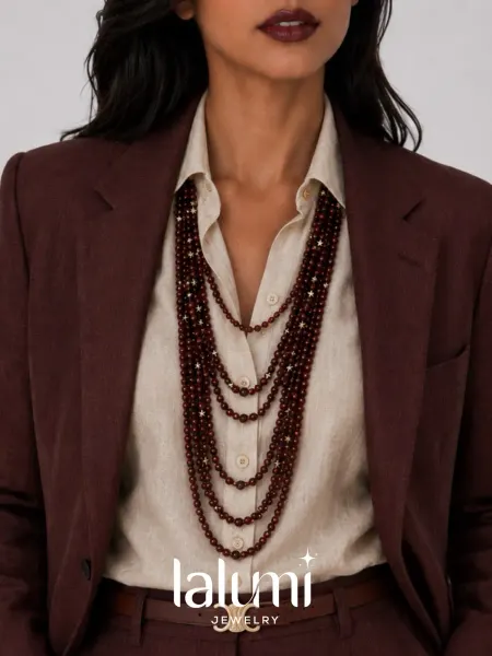 LALUMI jewelry Бусы многоярусные красно-коричневые дерево
