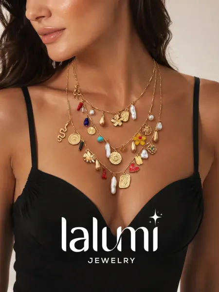 LALUMI jewelry Многослойное золотистое колье с подвесками и жемчугом