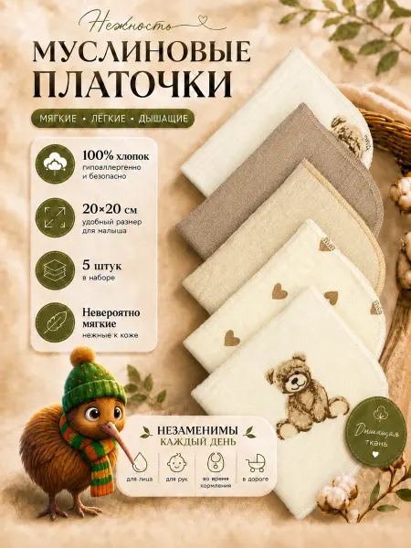 Kiwi kids Муслиновые платочки носовые салфетки для кормления