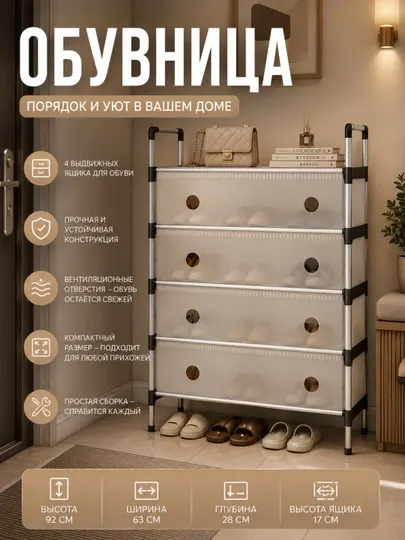 Многоуровневая обувница с закрытыми секциями, лёгкая и прочная, размер